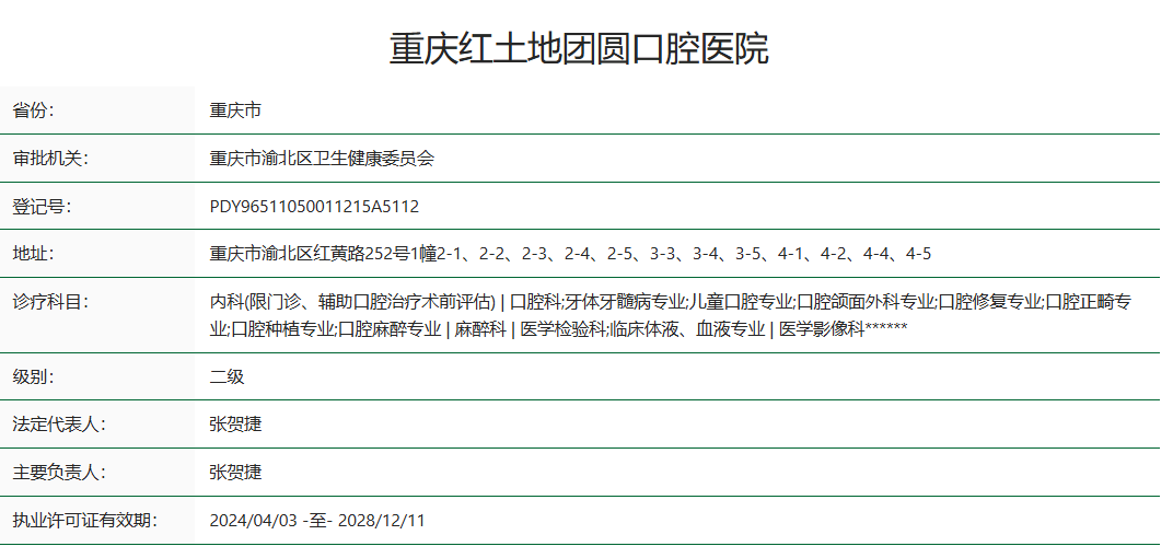 重慶紅土地團圓口腔醫院資質(zhì)正規