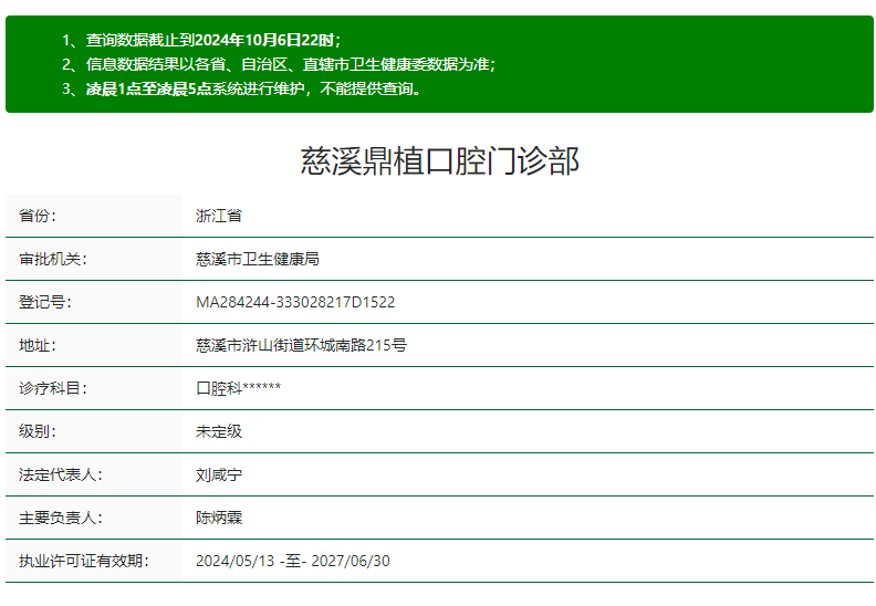 慈溪鼎植口腔門診部基本信息